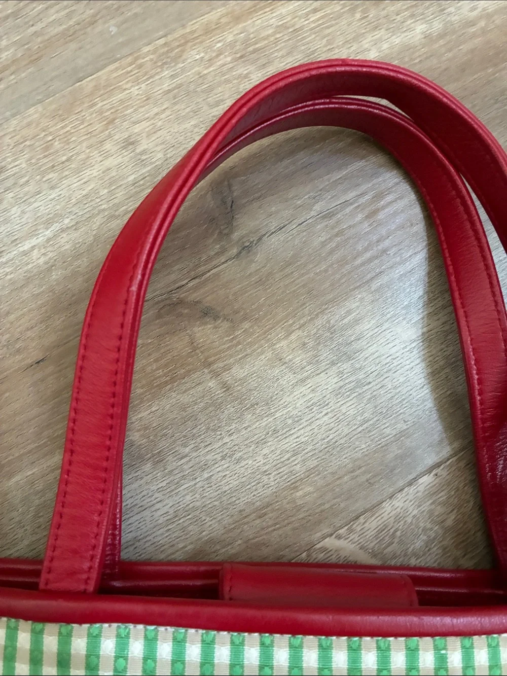 VINTAGE Isabella Fiore Red Leather&Green Gingham Bag w/ Floral&Fruit Embroidery